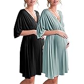 Ekouaer 3 in 1 Labor/Delivery/Hospital Gown 2 Pack Maternity Dress Nursing Nightgown Sleepwear