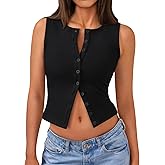 Trendy Queen Womens Going Out Tank Top Ribbed Button Down Sleeveless Vest Crop Spring Beach Vacation Summer Tops