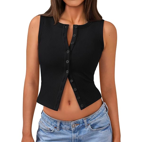 NANYUAYA Camiseta Sin Mangas Mujer: Cuello Henley De Medio Botón, Cordón Lateral, Suave