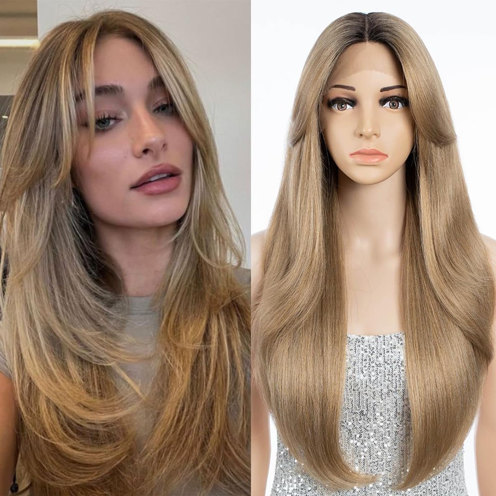 FASHION IDOL Wig for Women Synthetic Lace Front Door Curtain Bangs in the Split Lace Hair Stitching Layered Color Wig