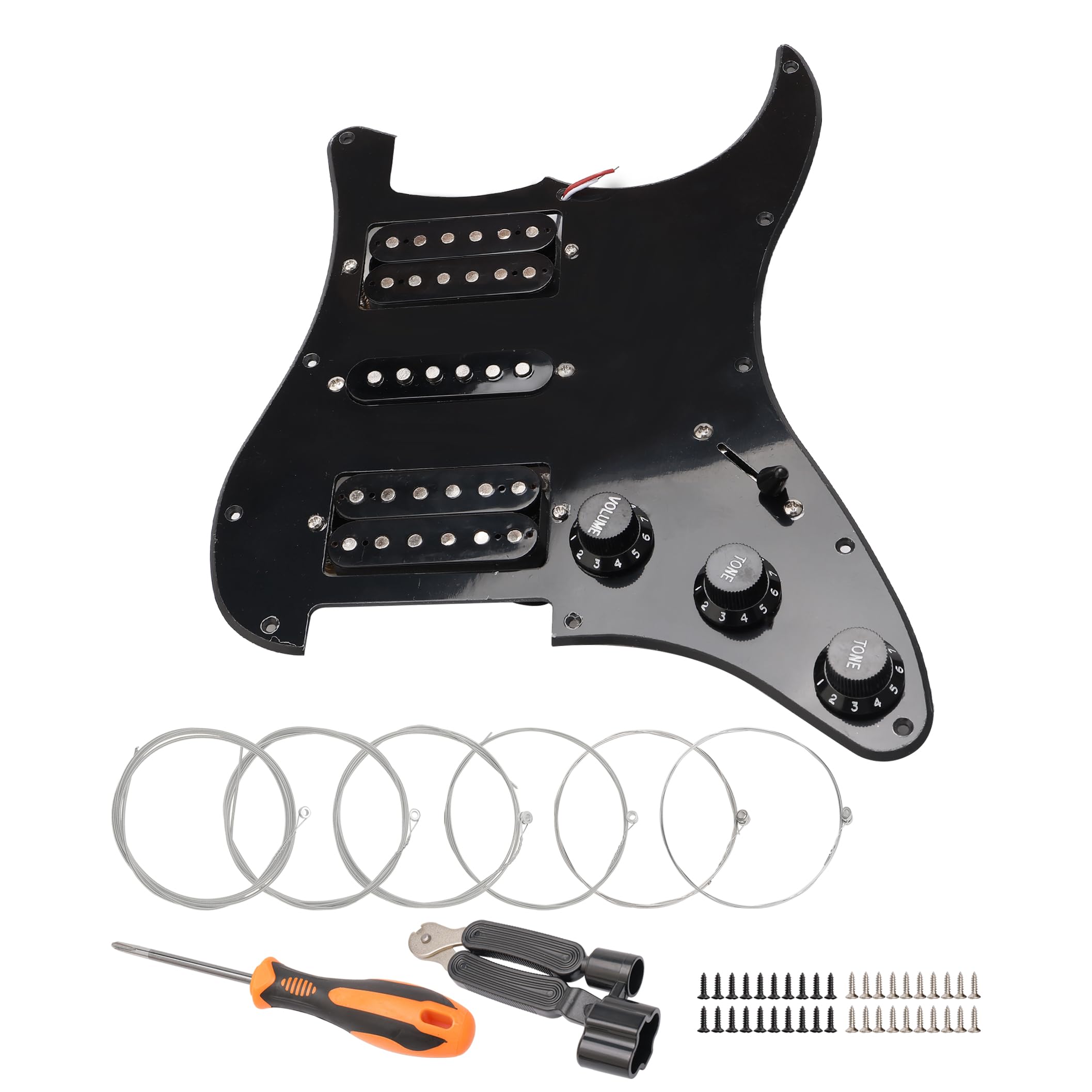 Unxuey 10 Hole Loaded Prewired Pickguard Guard Plate with Black HSH Pickup Parts for Fender Strat Guitar, with Guitar Strings and Installation Tool