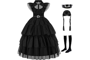GZ-LAOPAITOU Black Costume for Girls Halloween Cosplay Costume Family Party Dress Up Outfit with Wig Stockings Belt 4-12Y