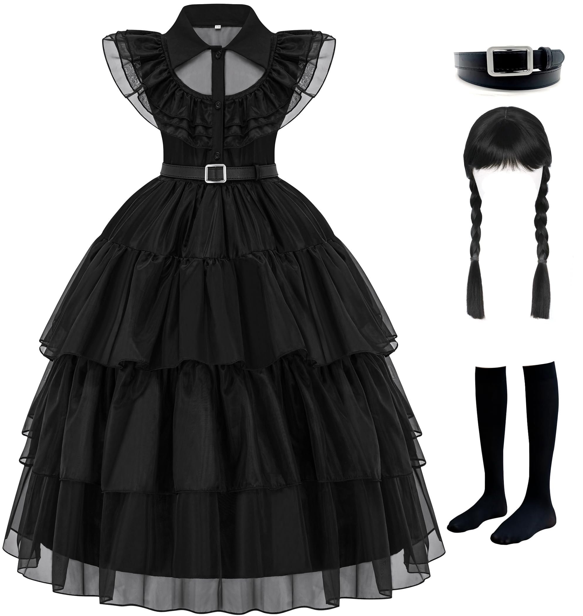 Photo 1 of GZ-LAOPAITOU Black Costume for Girls Halloween Cosplay Costume Family Party Dress Up Outfit with Wig Stockings Belt 4-12Y