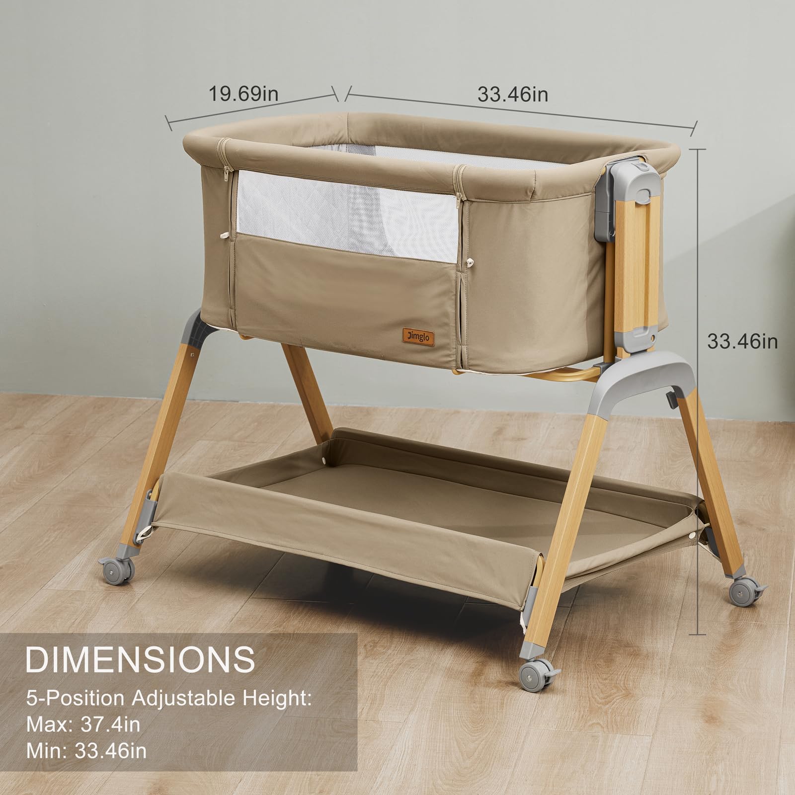 Jimglo 3 in 1 Baby Bassinet, Rocking Bassinets with Comfy Mattress and Wheels, Adjustable Height Bassinet Bedside Sleeper, Easy Folding Portable Crib for Newborn (Khaki)