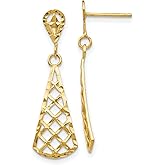 10k Yellow Gold Dangle Earrings for Women, Geometric Openwork Teardrop Design with Textured Lattice Pattern, Lightweight Modern Drop Earrings, Elegant Gold Jewelry for Daily and Evening Wear 29x9 mm