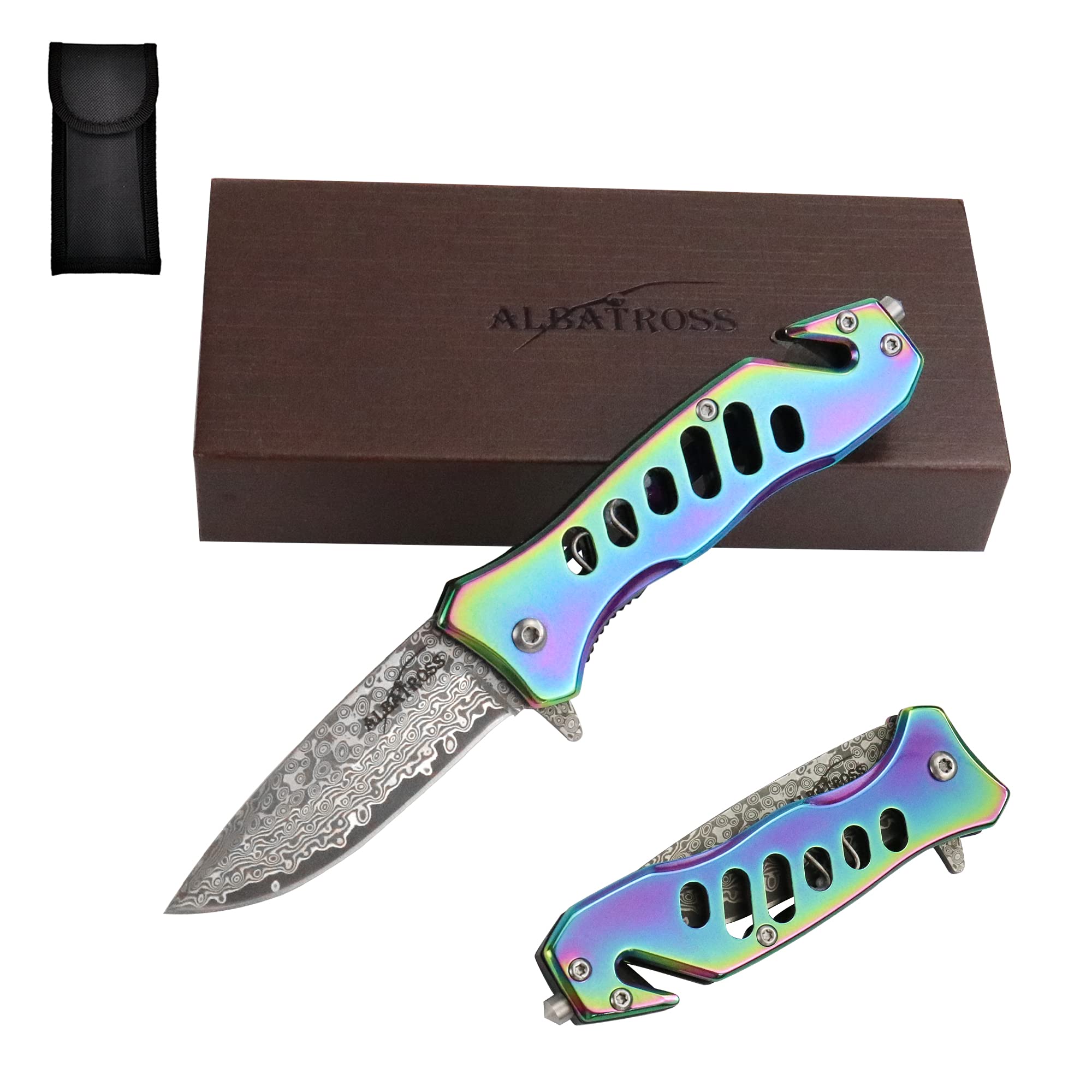 Photo 1 of ALBATROSS EDC Cool Tactical Folding Pocket Knife with Modern Damascus Steel Blade, SpeedSafe Spring Assisted Opening Knifes with Liner Lock,Pocketclip,Glass Breaker,Seatbelt Cutter, Gifts Box (Multi)