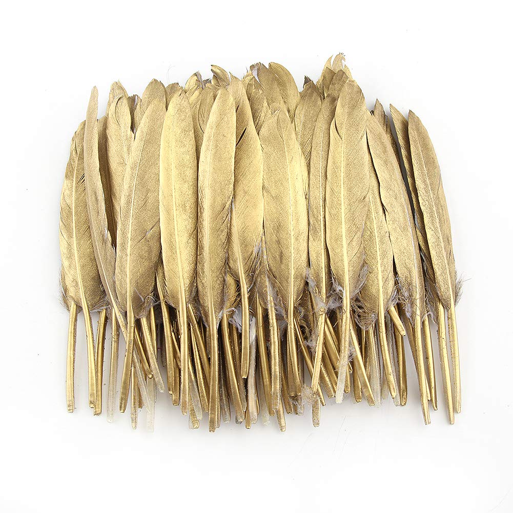 Sowder 50pcs Colorful Gold Goose Feathers 4-6inch(10-15cm) for Art Craft Party Decoration Clothing Accessories Duck Feather(Gold)