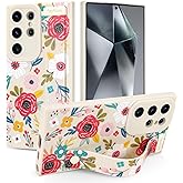 Jefonha Case for Samsung Galaxy S24 Ultra 6.8 inch 2024 Released, Silicone Case with Strap for Women Girls Cute Floral Flowers Adjustable Wristband Kicktand Cover for S24 Ultra, Beige Blossom
