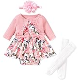 Unutiylo Baby Girl Fall Winter Outfit Dress Floral Print Long Sleeve Romper Clothes with Headband