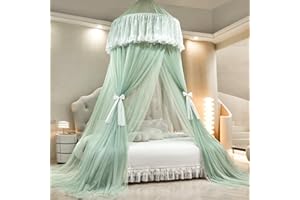 AIKASY Princess Bed Canopy for Girls – Double Layer Sheer Mesh Dome with Romantic Lace Trim, Dreamy Mosquito Net Tent for Twin/Full/Queen/King Beds(Mint Green)
