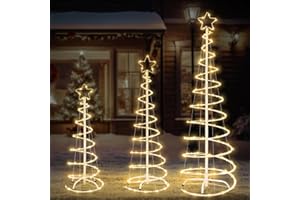 FLAGLY 3 Packs Christmas Spiral Tree with Lights, 3/4/5 FT Lighted Xmas Collapsible Tree with Metal Stakes for Indoor & Outdoor, Yard, Porch, Garden Holiday Decor (Warm White, 3-4-5 FT)