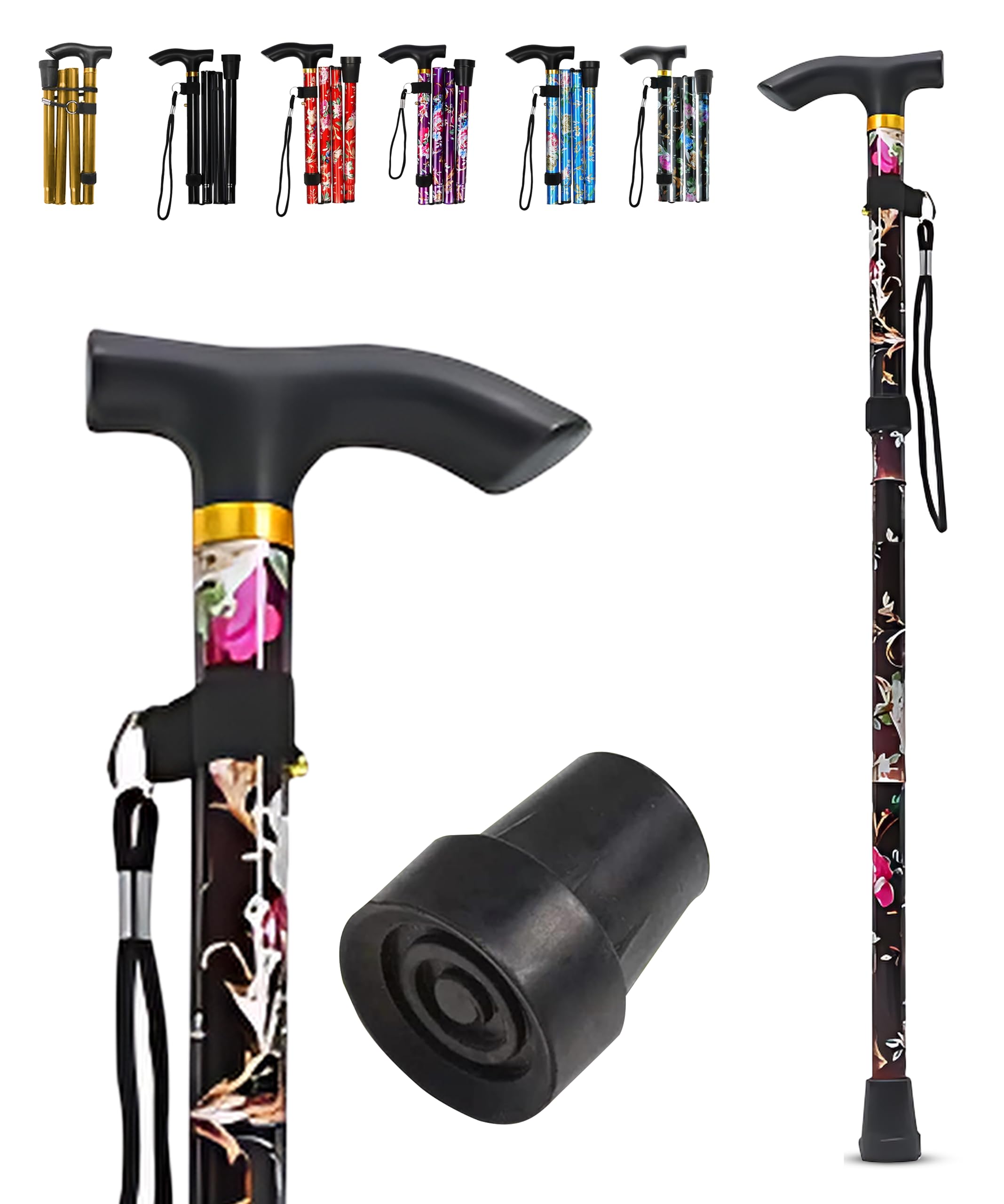 LZZAZ® Folding Walking Sticks for Men, Adjustable Height Walking Stick, Aluminum Walking Sticks for Women & Disability Aids, (Black Flowers)