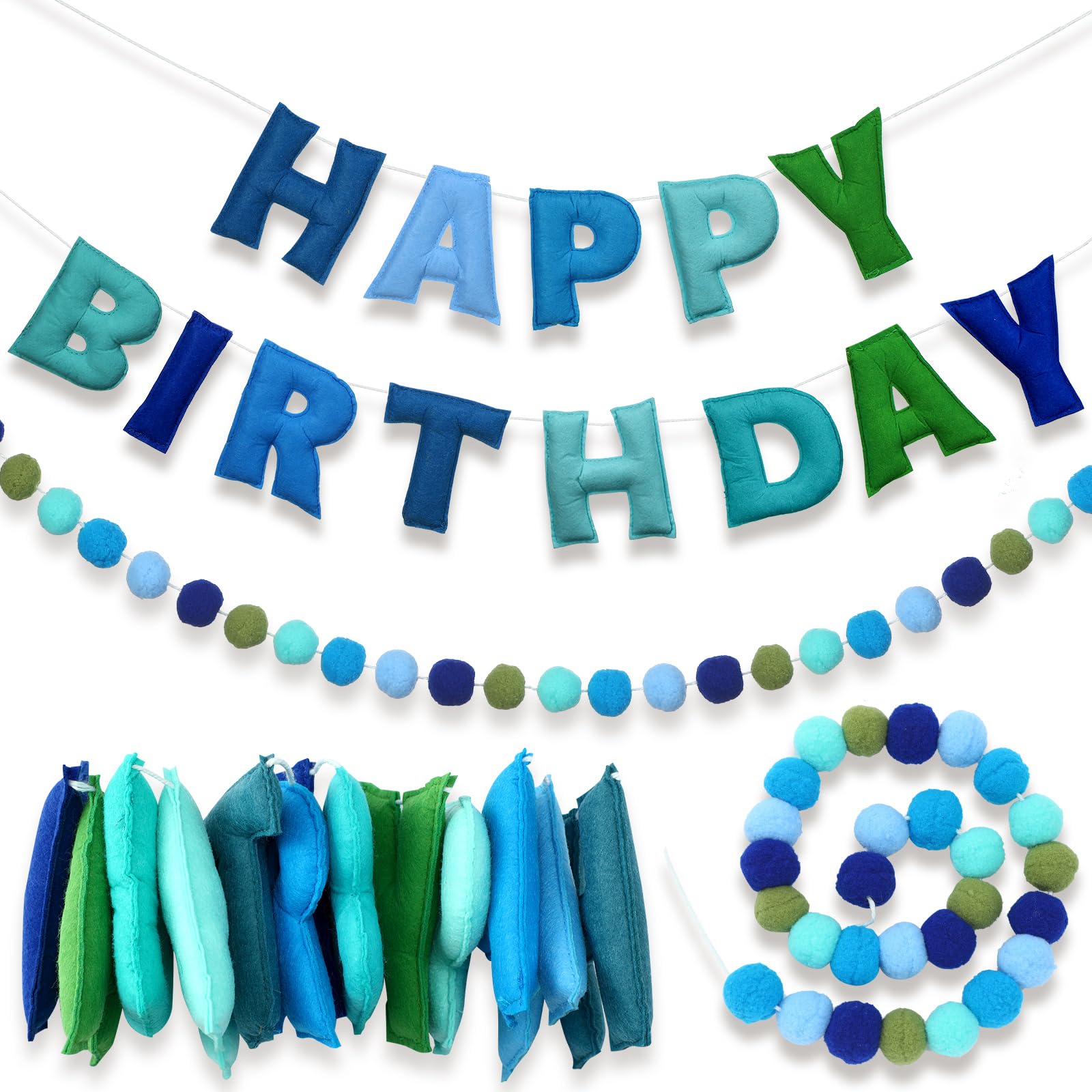 Photo 1 of Mindsoft 2 Pcs 118 Inch Pre Strung Happy Birthday Felt Banner with Ball Garland Reusable Natural Handmade Letters & Balls for Birthday Sign Decorations Party Decor Photo Prop(Ocean Color)