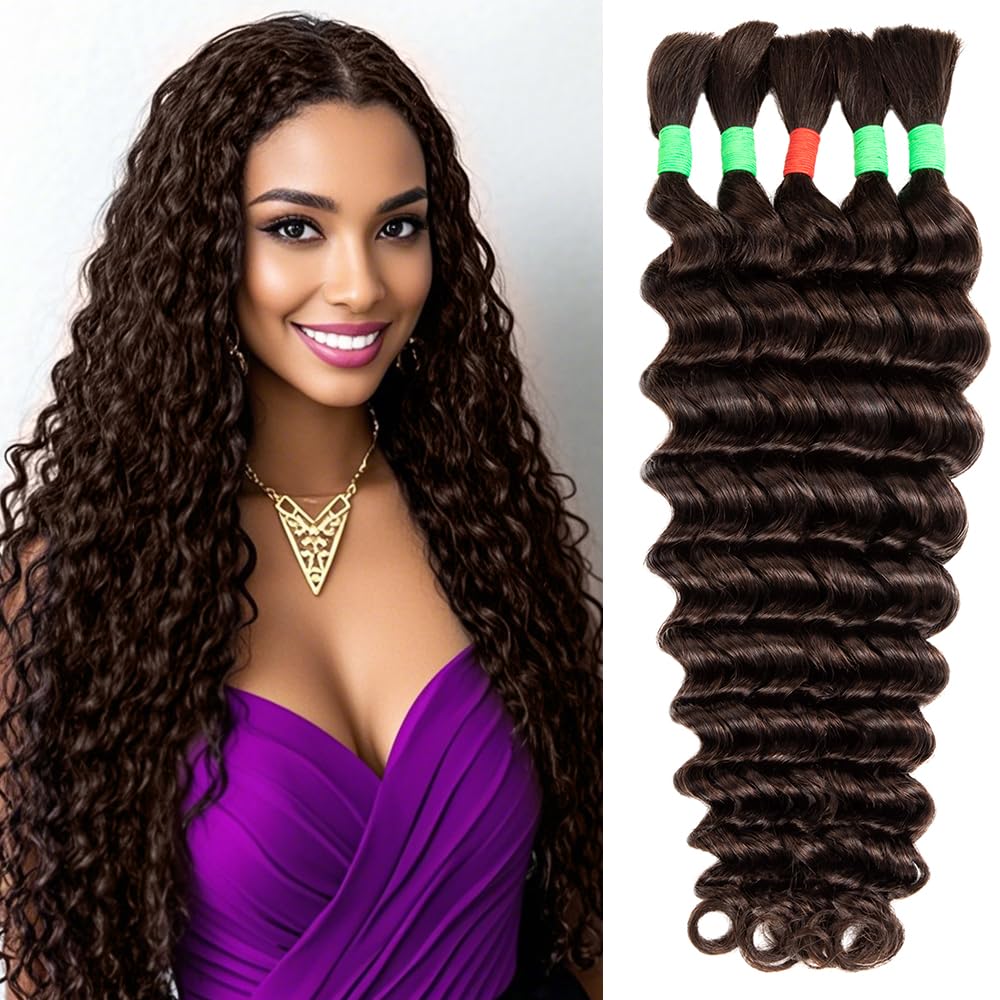 Boho Braids Human Hair Extensions for Braiding Hair - 5 x Human Hair Bundles (100g) - Deep Wave Peruvian Curls 18 Inch (46 cm) Weaving Free Colour #2 Dark Brown โ image 1