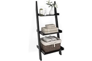 Ballucci 3-Tier Storage Ladder Shelf and Organizer, Modern Wood Leaning Ladder Bookshelf, Easy to Assemble Small Book Shelf for Bedroom, Living Room, Kitchen, Bathroom, Black