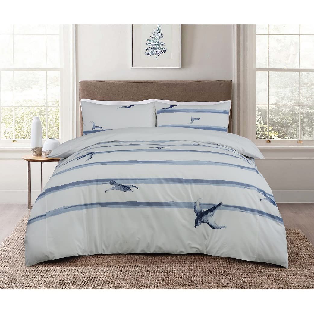 Sleepdown Coastal Birds Waves White Blue 100% Cotton Plain Reverse Duvet Cover Quilt Pillow Case Bedding Set Soft Easy Care - King (230cm x 200cm)