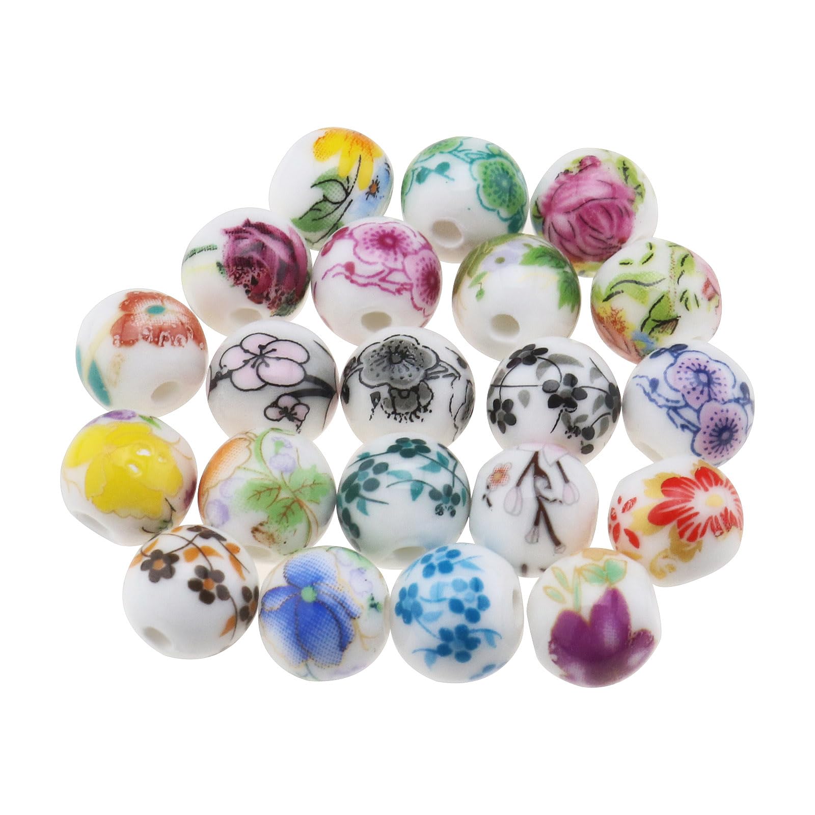 EMSea 100Pcs Round Ceramic Beads 10MM Colourful Flower Porcelain Beads 3MM Hole for DIY Earring Bracelet Necklace Jewelry Making
