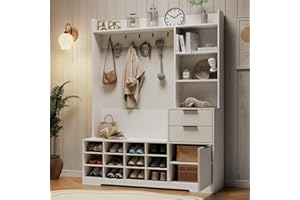 GYFIMOIE 5-in-1 Hall Tree with Storage and Shoe Rack for Entryway,Entryway Bench with Coat Rack and Shoe Cabinet,9 Coat Hooks & 12 Shoe Cubbies,Farmhouse Shoe Storage Cabinet with Drawer for Hallway (White)