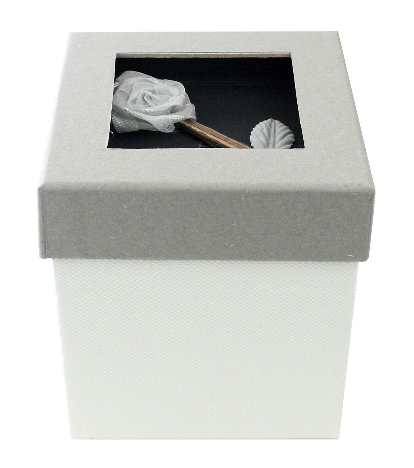 Emartbuy Rigid Luxury Square Shaped Presentation Gift Box, 11.5 x 11.5 x 9.5 cm, Cream Box with Grey Lid, Chocolate Brown Interior and With Rose Flower Decoration