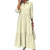 XNC Women's Blue and White Striped Shirt Maxi Dress 2026 Spring Fashion Collared Boho Breezy Print 3/4 Sleeve Long Dresses
