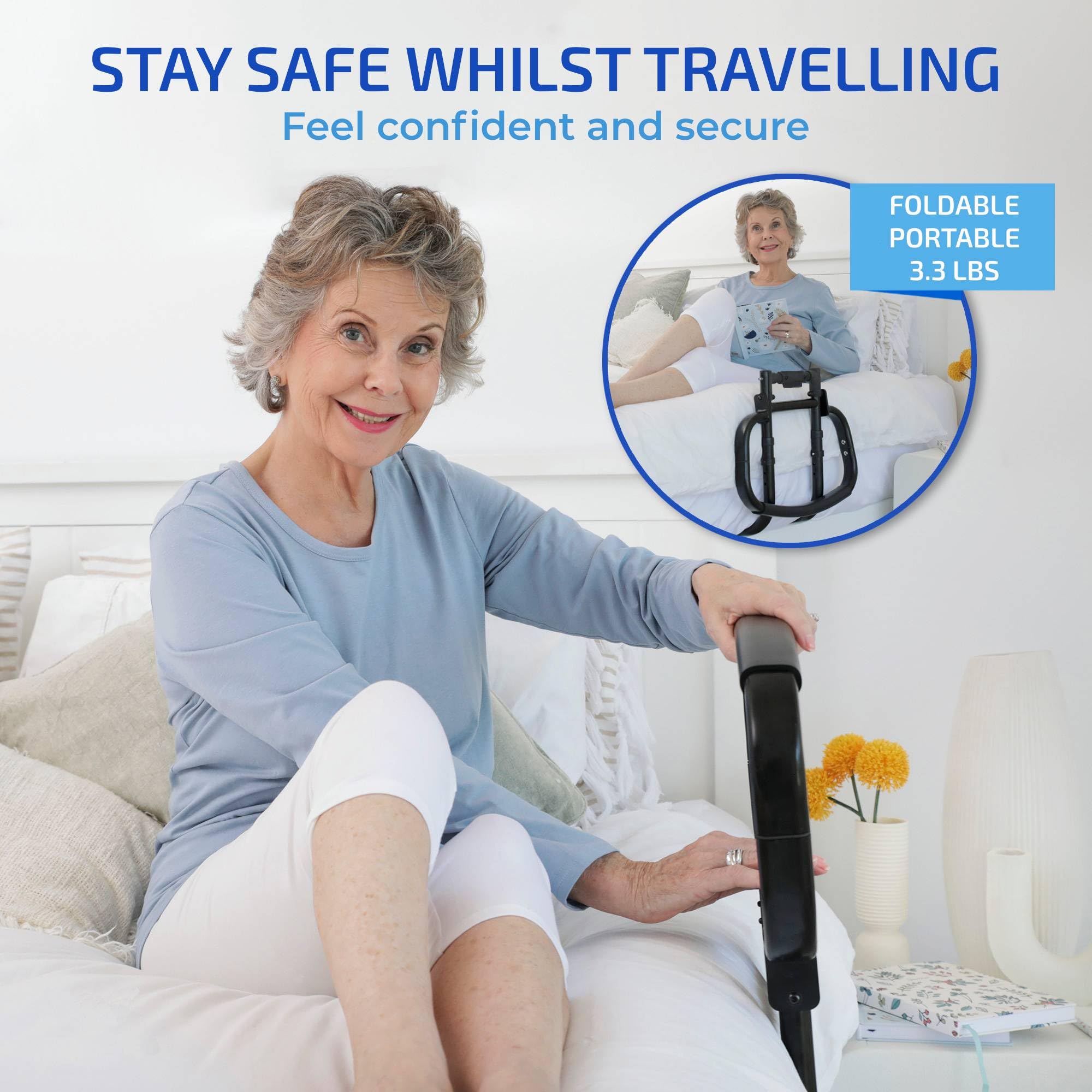 Sturdy Bed Rails for Elderly Adults Safety - Foldable & Adjustable Bed Rail - Supports up to 330lbs - Free Motion Light & Storage Bag - Fit King, Queen, Full, Twin - Bed Guard Rail for Seniors WELLORA