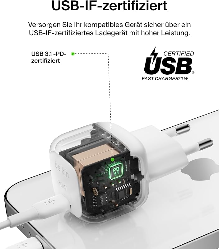 BoostCharge kompaktes Ladegerät, 30 W, für Reisen, USB-C Power Delivery zum Schnellladen für die Apple iPhone Serie 16. 15, 14, 13, 12, Samsung Galaxy S24, S23, iPad, AirPods, Tablets – Weiß