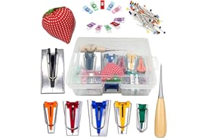 LNKA Fabric Bias Tape Maker Set of 19pcs Tools with Instruction,Size 1/4" 3/8" 1/2" 3/4" 1" 2" Quilting Pins Sewing Clips Pincushion Awl