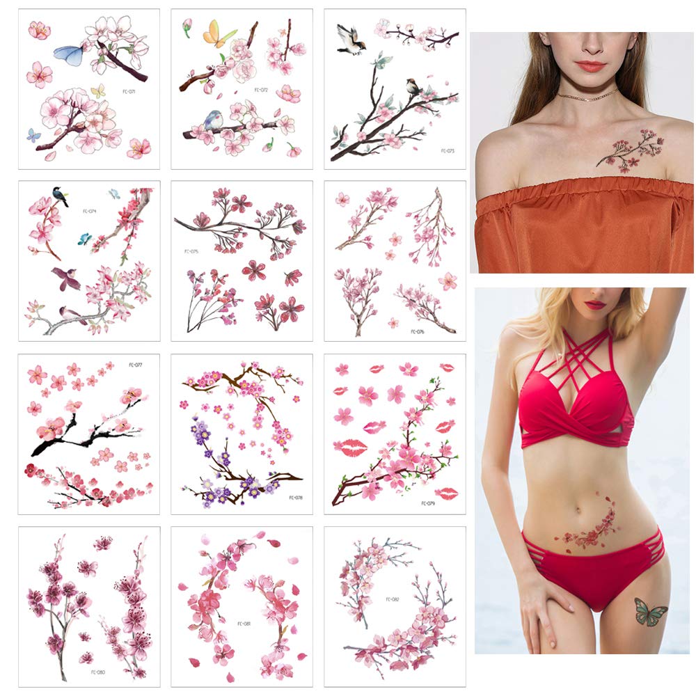Glaryyears Flower Birds Temporary Tattoos, 12 Sheets Cherry Blossoms Fake Realistic Tattoo Sticker for Women Girls, Sexy Leaf Body Art for Seasons