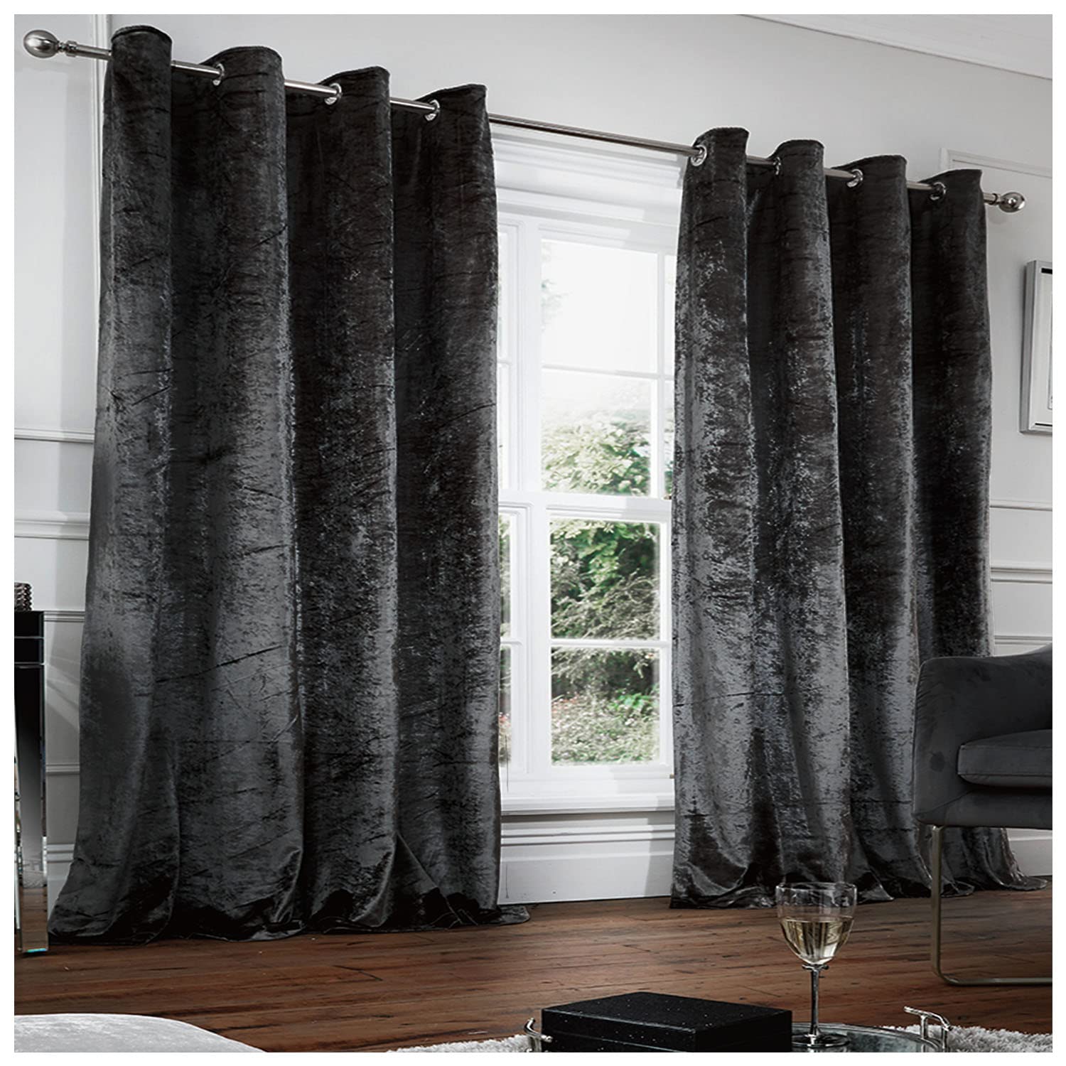 GC GAVENO CAVAILIA Crushed Velvet Eyelet Curtains Ring Top Drapery Tie Backs, Easy Care Glamorous Panels, Charcoal, 66X72 Inch