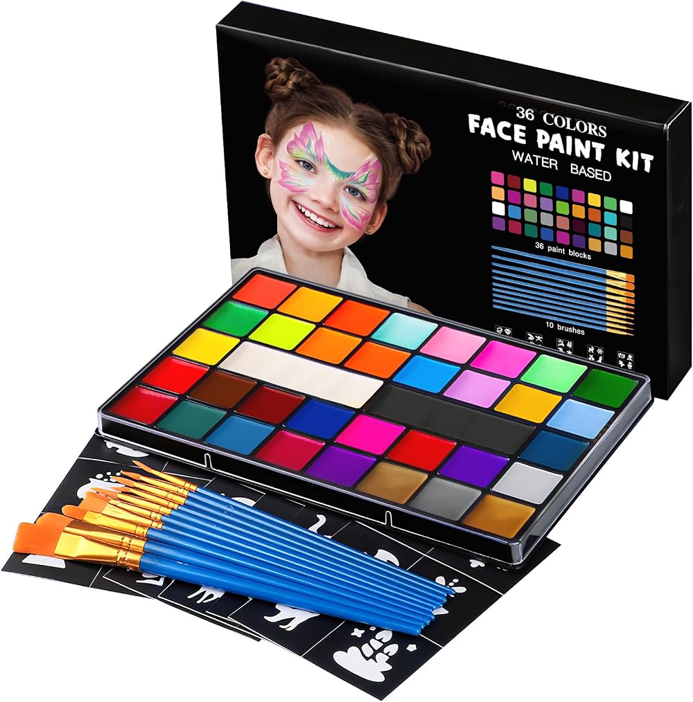 ENJSD Face Paint Kit 36 Colors 10 Brushes 30 Stencils Water Based Non-Toxic