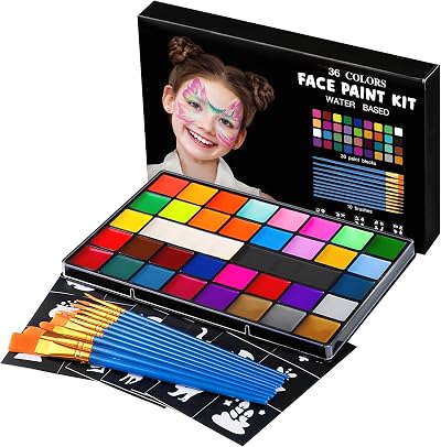 ENJSD Face Paint Kit 36 Colors 10 Brushes 30 Stencils Water Based Non-Toxic