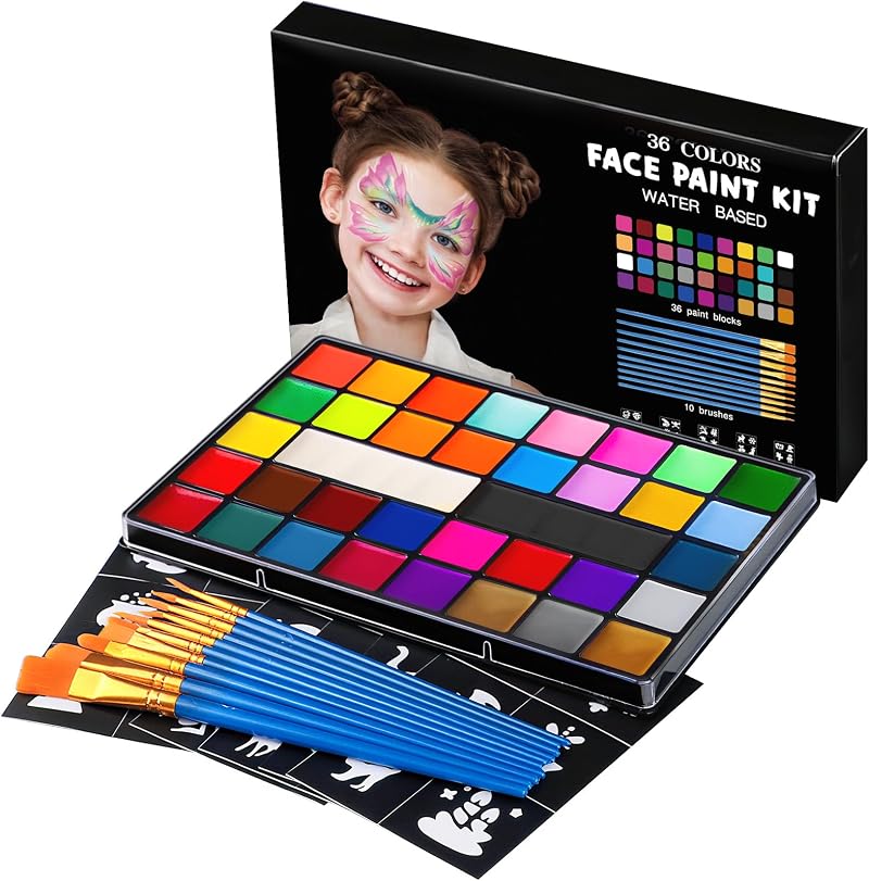 ENJSD Face Paint Kit 36 Colors 10 Brushes 30 Stencils Water Based Non-Toxic