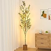 7ft Artificial Olive Tree with LED Fairy Lights & Woven Planter - Lifelike Faux Silk Plant with Realistic Leaves & Fruits and Natural Trunk for Indoor Home Office Living Room Bedroom Foyer Decor