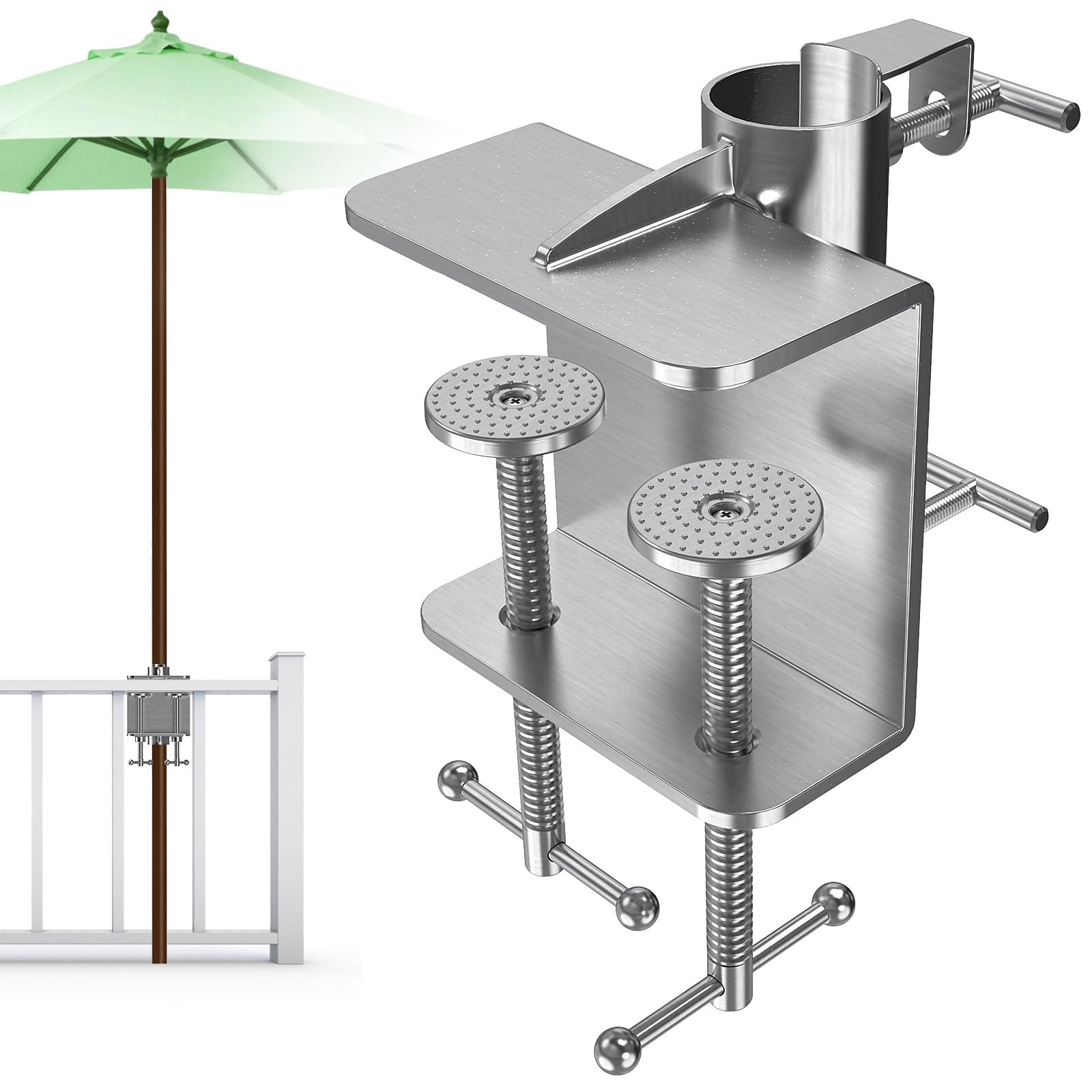 Photo 1 of BeneLabel Upgraded Double Clip Deck Umbrella Mount Bracket for Railing Adjustable Patio Umbrellas Clamp Clip Carbon Steel Umbrella Clamp Stand Holder for Parasol, Terrace, Balcony
