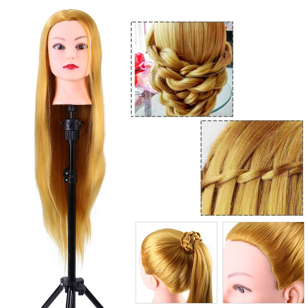 Hair Training Head Synthetic Fiber Mannequin Head Hairdresser Training Head Cosmetology Doll Head Blond Hair Hat Stand Hair Holder Dummy Head for Styling Practice DIY Hair Braid Set