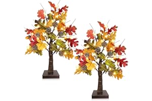 TURNMEON 2 Pack 18 Inch Fall Lighted Maple Tree Fall Decor with 48 LEDs Timer Battery Operated Tabletop Artificial Tree Acorn Pinecone Fall Autumn Harvest Halloween Thanksgiving Decoraions Home Indoor