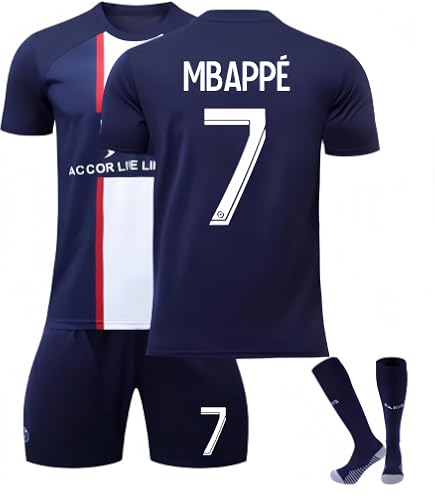 Paris Mbappe Kids Soccer Jersey Set (Blue Home 21/22) - Includes Jersey, Shorts & Socks - Size Medium (8-9 Years)