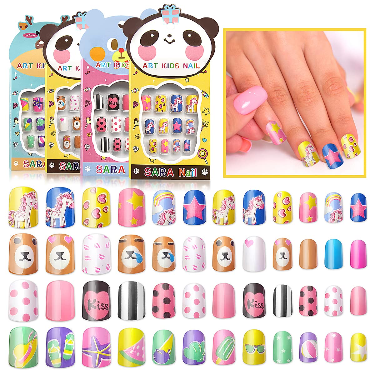 144 x Kids False Nails Pre-Glued 12 Individual Boxes Cute Designs & Colours (12 Sets)