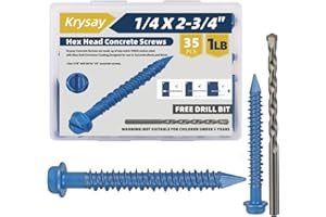 Krysay 35Pcs 1/4 x 2-3/4 in Concrete Screws with Drill bits,Masonry Screws for Concrete Assortment Kit,Hex Head Block Cement Stacoo Screws and Anchors,Diamond Point,Blue Coated(1LB)