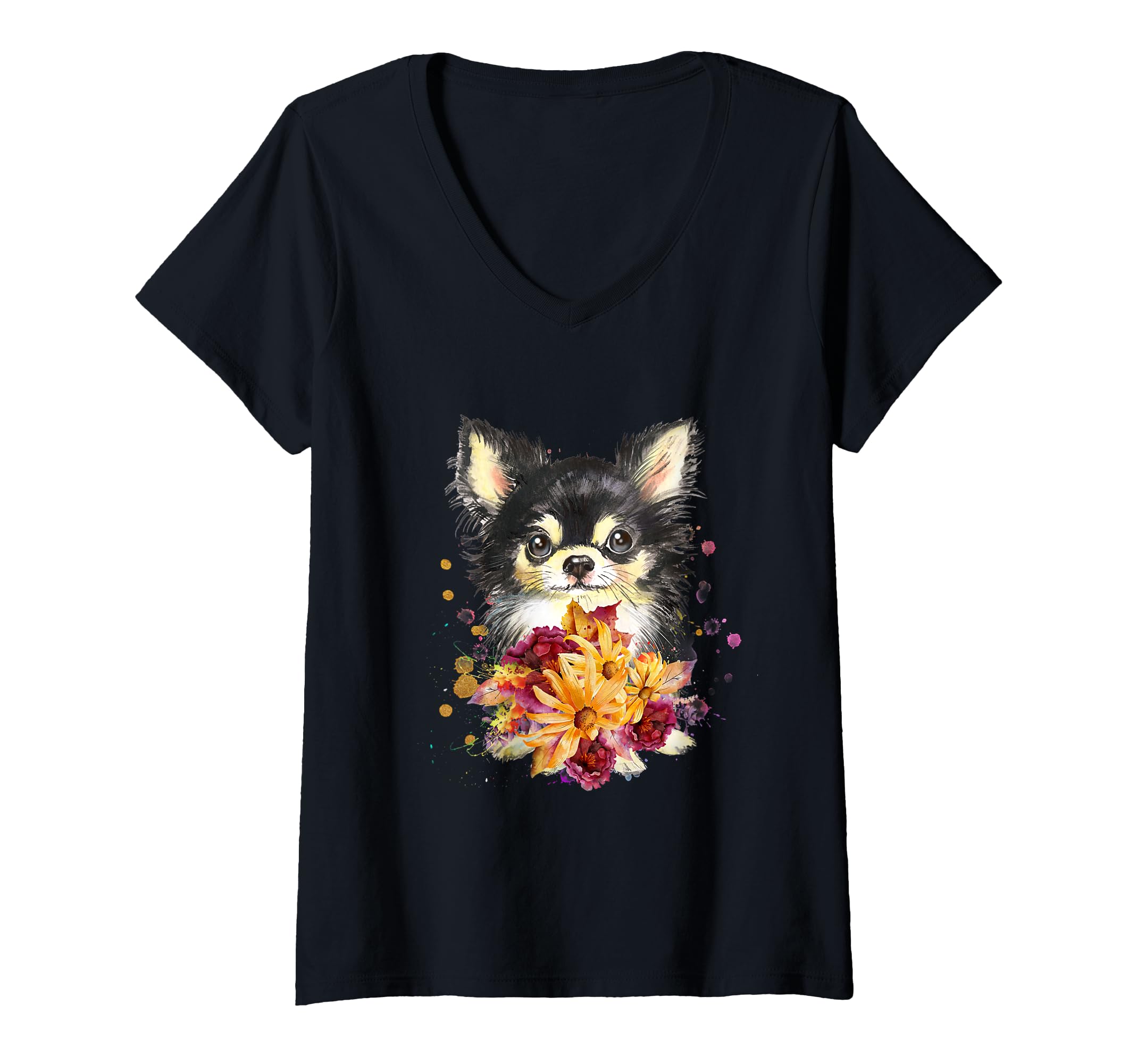 Women's Cute Chihuahua Puppy, Flowers, and Splatter Dog V-Neck T-Shirt