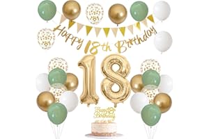 JOBKOO 18th Birthday Decorations for Boys Girls, Happy 18th Birthday Banner with Birthday Cake Topper Number 18 Foil Balloon Sage Green White Gold Birthday Balloons for 18 Year Old Birthday Party Decoration