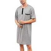 Yukiuiny Men Short Sleeve Nightshirt Knee Length Nightgown Cotton Sleep Shirt Lounge Wear