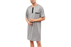 Yukiuiny Men Short Sleeve Nightshirt Knee Length Nightgown Cotton Sleep Shirt Lounge Wear