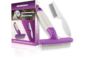 GENPEPADO Dog & Cat Grooming Rake for Deshedding, Brushing and Detangling - Double Row Stainless Steel Pins Dematting Tool for Removing Loose Undercoat & Tangles, Reducing Shedding in Medium or Long-Haired Pets