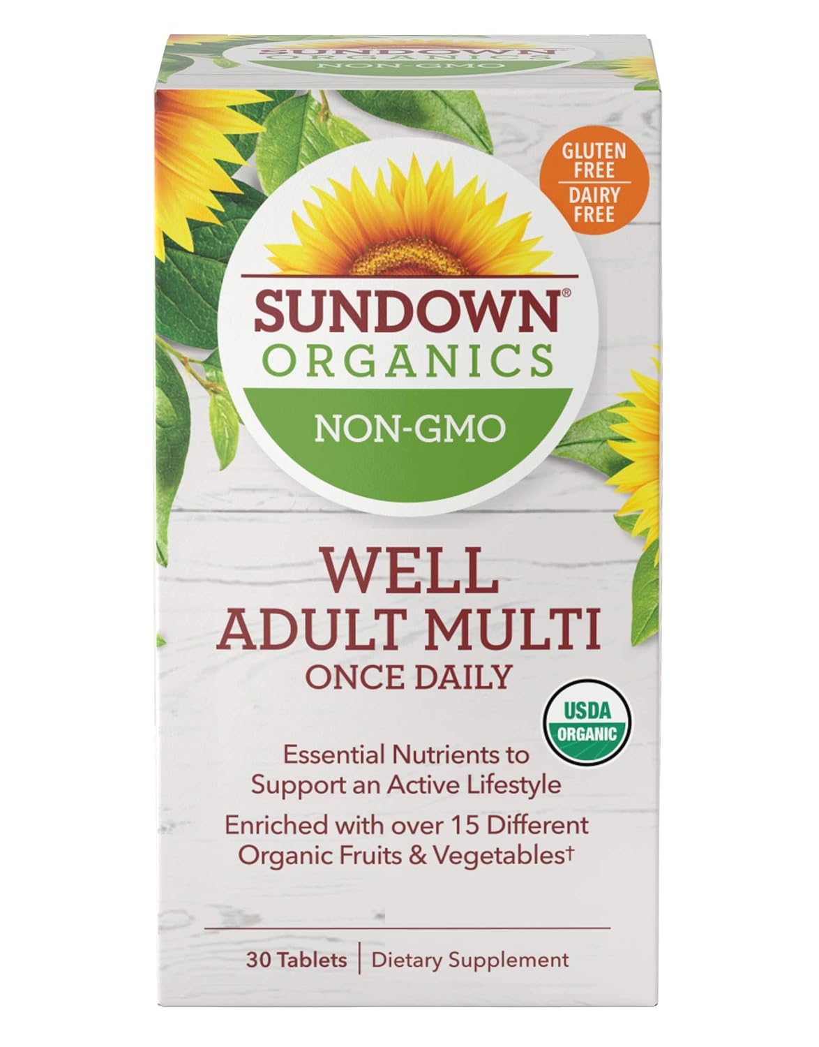 Sundown Organics Well Adult Multivitamin, with Vitamin C, D3, and Zinc, Gluten Free, 100% Non-GMO, 30 Tablets