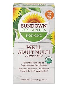 Sundown Organics Well Adult Multivitamin, with Vitamin C, D3, and Zinc, Gluten Free, 100% Non-GMO, 30 Tablets