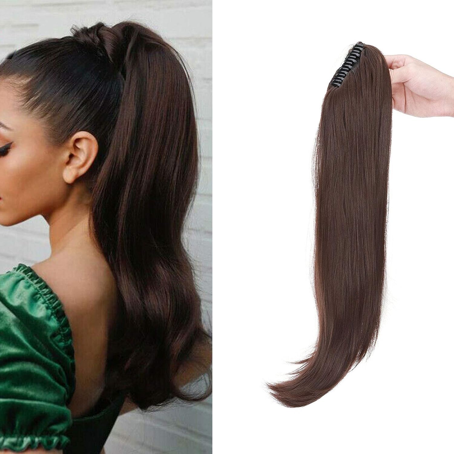 22" Ponytail Extension Long Curly Ponytail Hairpiece Clip in Claw Hair Extensions Natural Looking for Women Medium Brown