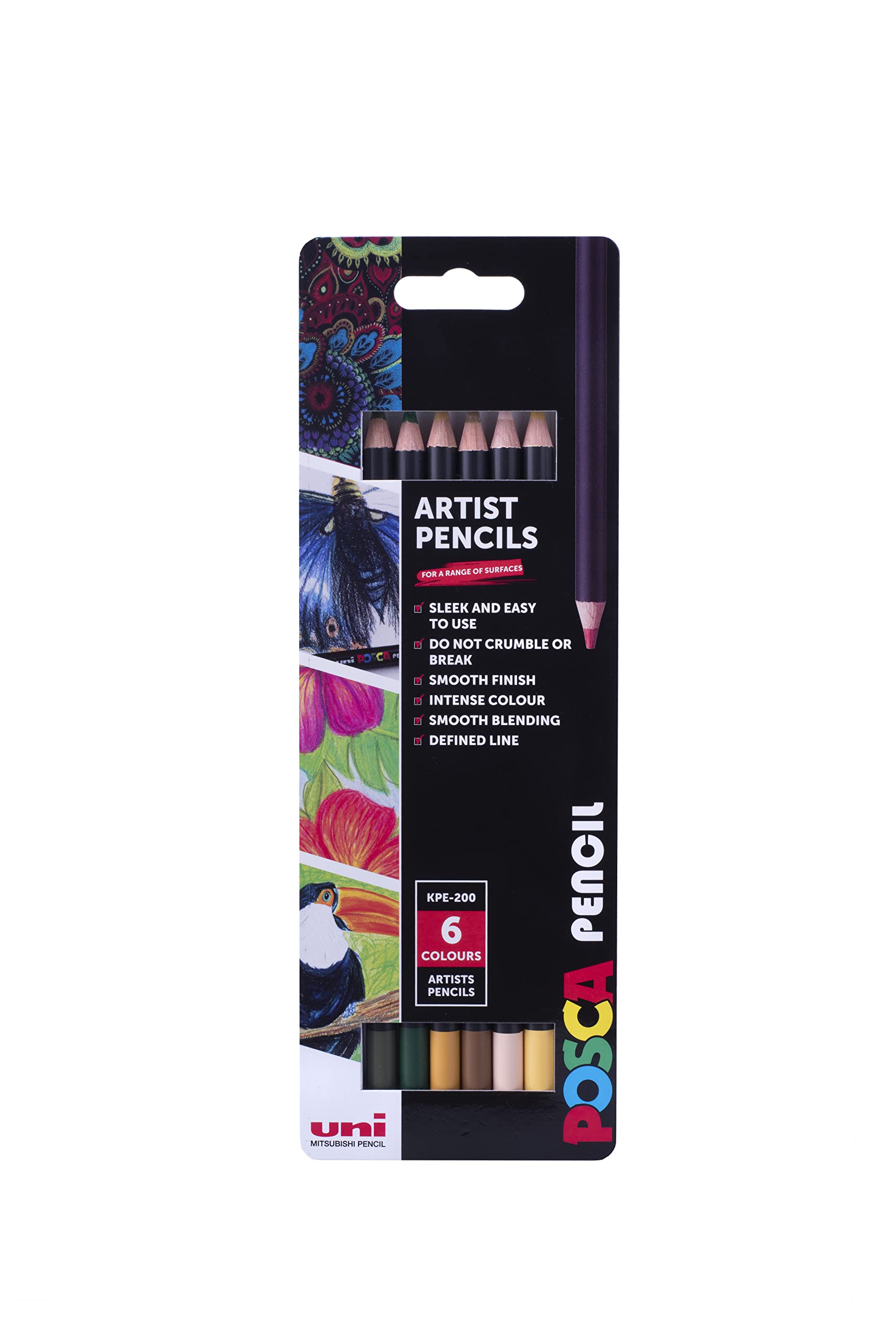 POSCA KPE-200 Oil and Wax Colouring Pencils. Premium Tough Nib for Arts and Crafts. Multi Surface Use On Wood, Fabric, Paper, Cardboard, & Canvas. Perfect for Creative Drawing. Set of 6 Earth Colours