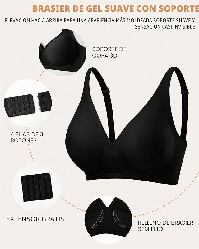 Soutien feminino sem aro sem costura com almofadamento confortável e decote profundo em V preto L