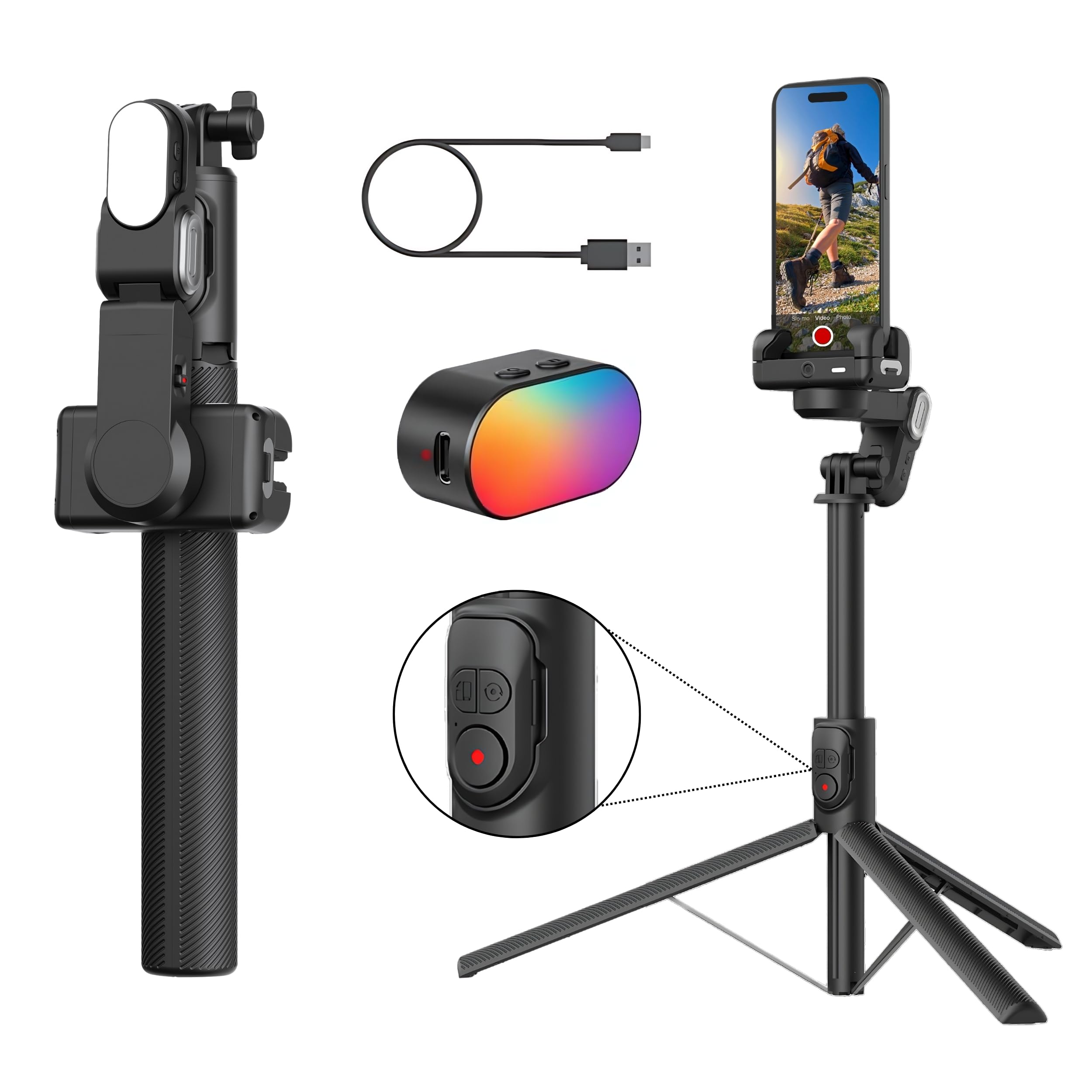 Aochuan M2 Pro Smartphone Gimbal, Video Stabilizer, Selfie Stick & Tripod, AI Body Tracking, Magnetic Light, Portable & Foldable iPhone Android Gimbal for Vlogging, YouTube, Tiktok & Instagram Videos